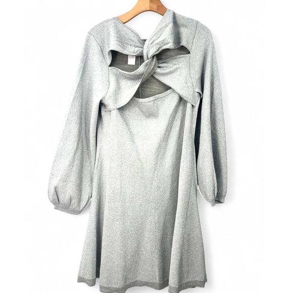 New J Crew L Knit Dress Sweater Metallic Silver Long Sleeve Mini Balloon Sleeve - Picture 4 of 5